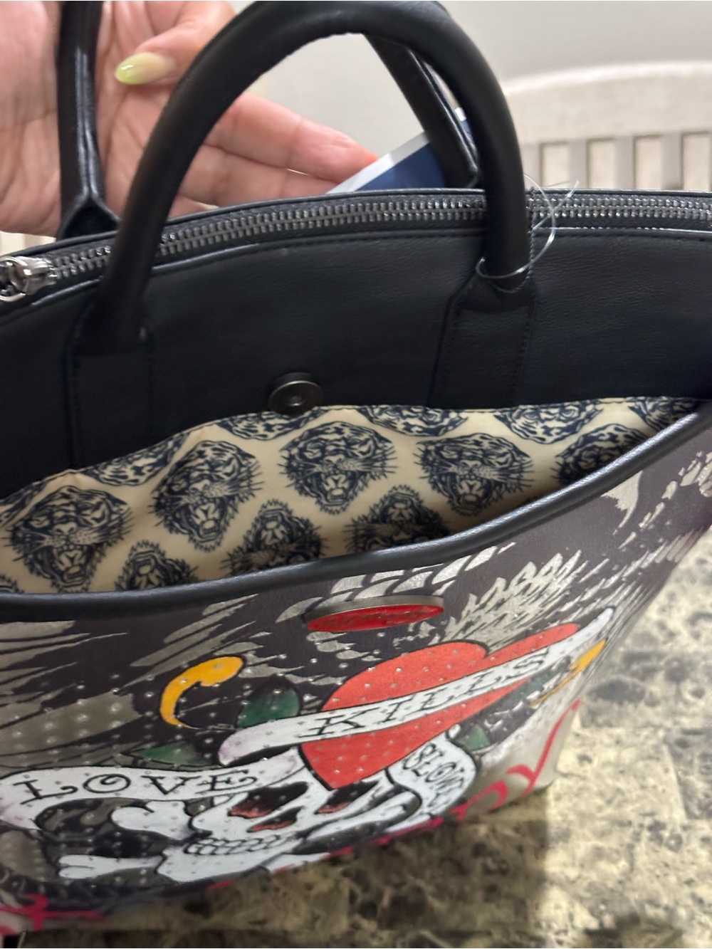 Ed Hardy Silver Metallic Backpack with Black Handles and Red Accents - Picture 10 of 15